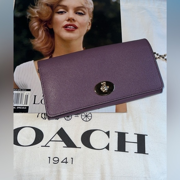 COACH PURPLE CROSSBODY BAG CLUTCH WALLET ON GOLD BEADED CHAIN - Picture 16 of 16